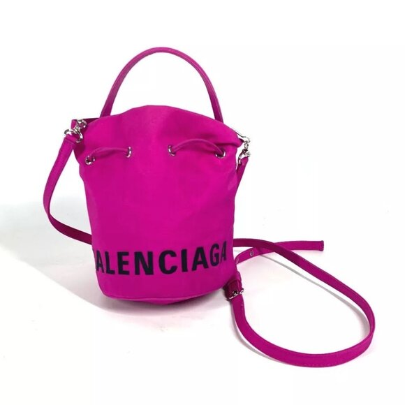BALENCIAGA 619458 WheelXS drawstring bucket 2WAY bag Nylon pink/Black - Picture 1 of 16
